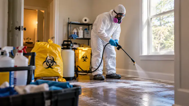 A technician in full protective equipment applies disinfectant across a floor, with sealed biohazard waste bags and containers staged nearby for regulated disposal.