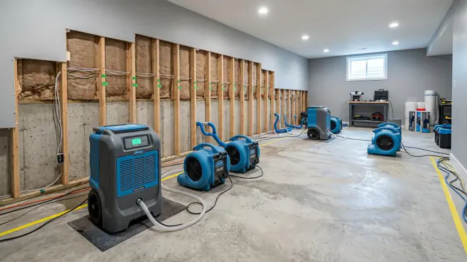 A basement after a burst pipe: drywall cut away to expose the studs and insulation, with dehumidifiers and air movers positioned along the wall to dry the structure.