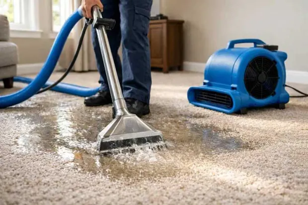 An extraction wand pulls water from a saturated carpet while an air mover runs behind it to begin drying the floor.