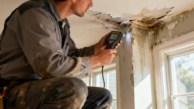 A technician holds a moisture meter against a ceiling corner where a water leak has stained the plaster, lifted the paint and left streaking down the wall beside a window.
