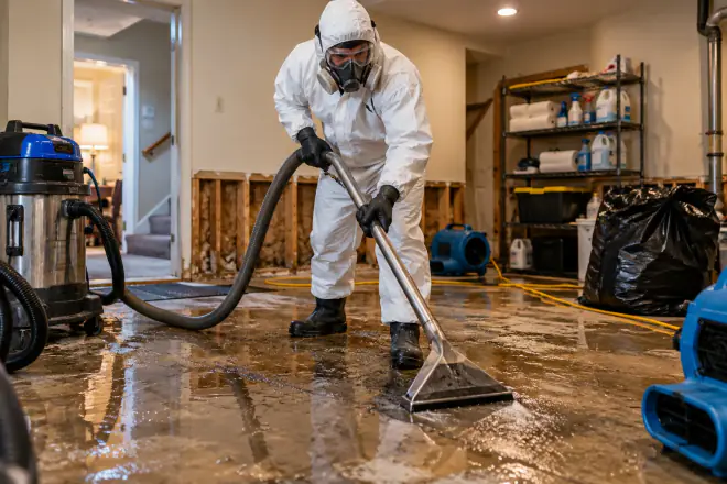 A technician in protective coveralls and a respirator extracts standing water from a flooded floor with an extraction wand, with flood-cut walls and air movers visible behind.