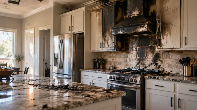 A kitchen after a fire, with heavy soot staining up the range hood and cabinet fronts and charred debris scattered across the countertop.