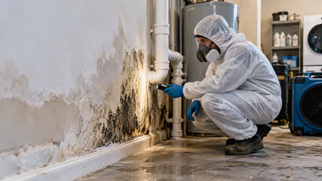 A technician in a protective suit and respirator inspects a wall with a flashlight, revealing extensive black mold growth spreading up from the floor beside a water heater.