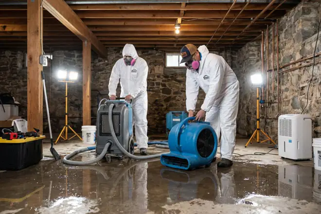 Two technicians in full protective suits and respirators run extraction and drying equipment across a contaminated basement floor.