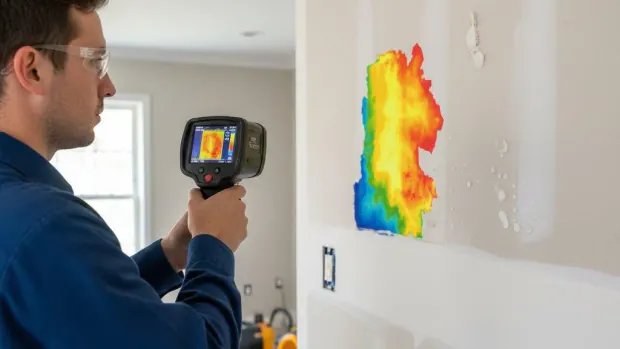 A technician scans a wall with a thermal imaging camera, the display showing a bright heat signature where moisture is trapped behind the drywall.