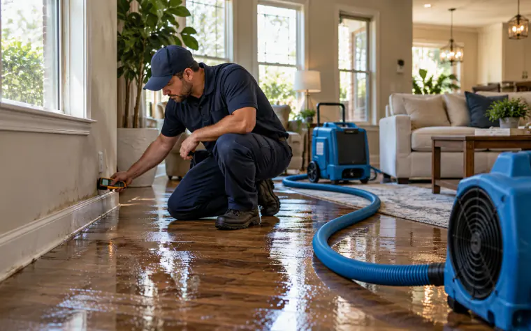 A restoration technician kneels to take a moisture meter reading at the baseboard of a water-damaged living room, with standing water across the hardwood floor and drying equipment already running in the background.