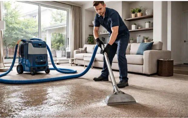 A technician draws water out of a soaked carpet with a weighted extraction wand connected to a portable extraction unit.